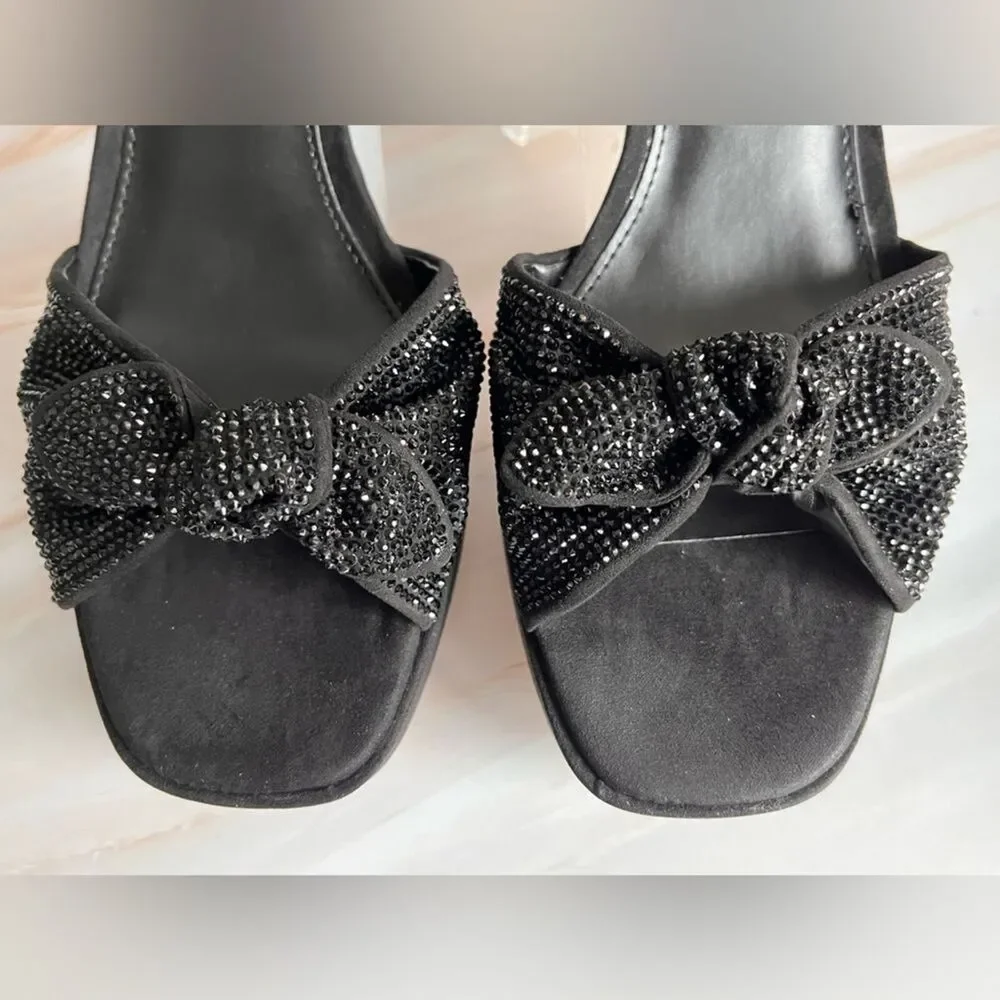 J Crew Women's Rhinestone Bow Sandals Platform Heels Cocktail Evening Black